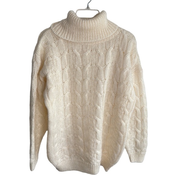 Vintage Sweaters - Vintage Tarazzia Sweater Cable Knit Mohair Turtleneck Pullover Medium Ivory